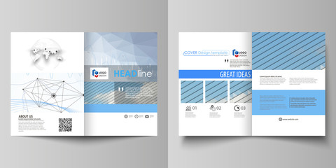Business templates for bi fold brochure, flyer, report. Cover design template, vector layout in A4 size. Blue color abstract infographic background with lines, symbols, charts and other elements.
