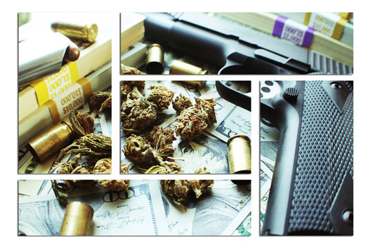 Marijuana With Guns, Money & Bullets High Quality Stock Photo 