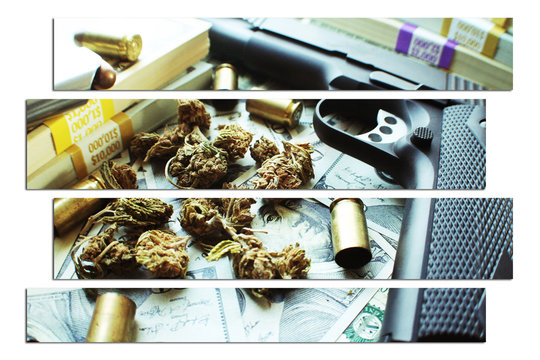 Marijuana With Guns, Money & Bullets High Quality Stock Photo 
