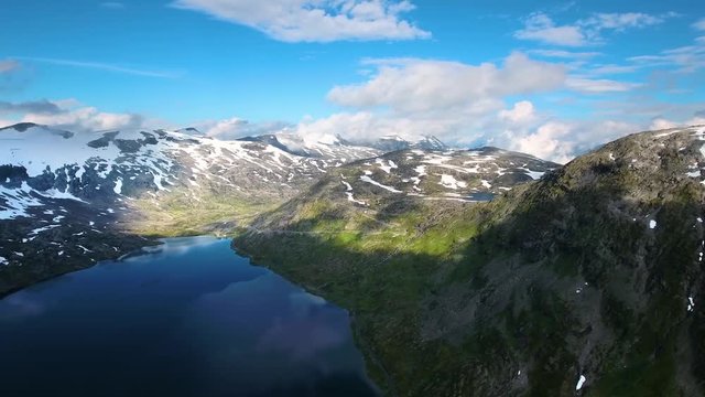 Aerial footage Beautiful Nature Norway. Flying over the lakes and fjords.View from the bird's-eye view.