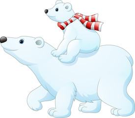 Cartoon baby polar bear riding on her mother's back 
