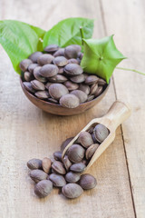 dried capsule seeds fruit of Sacha Inchi peanut on wooden