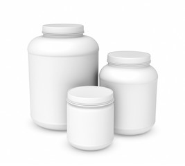 Rendering three white blank plastic jars of different sizes