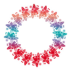 Christmas round frame with holly berry and jingle bells. Copy space. 