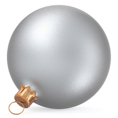 Christmas ball wintertime ornament silver white New Year's Eve hanging shiny sphere decoration adornment bauble. Traditional happy winter holiday Merry Xmas symbol closeup. 3d illustration rendering