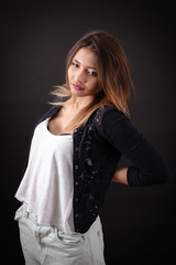 Beautiful woman doing different expressions in different sets of clothes: backache