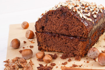 Gingerbread or dark cake with chocolate and cocoa, delicious dessert