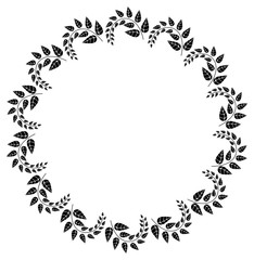 Round black and white frame outline decorative flowers. Copy space. 
