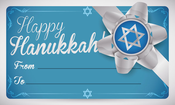 Blue Gift Card with Silver Ribbon and Bow for Hanukkah, Vector Illustration
