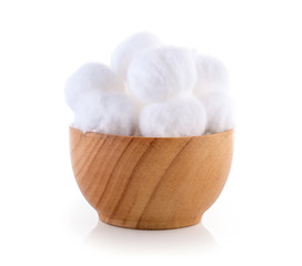 cotton wool in wood bowl on white background