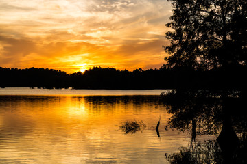 Brilliant orange sun at dusk at Stumpy Lake in Virginia Beach, Virginia.  