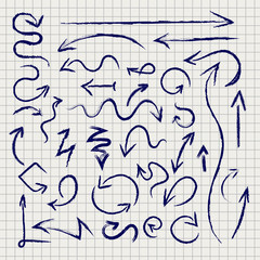 Hand drawn grunge arrows set on notebook page background. Vector illustration