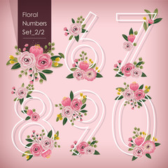 Vector illustration of floral numbers collection. A set of beautiful flowers and numbers for wedding invitations and birthday cards