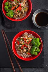 soba noodle with teriyaki chicken and broccoli