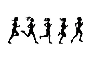 Naklejka na ściany i meble Set of women’s running action silhouettes.