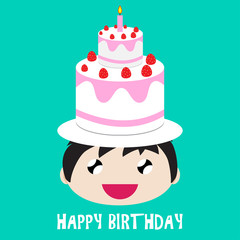 vector illustration of cute cartoon kid character design and happy birthday cake