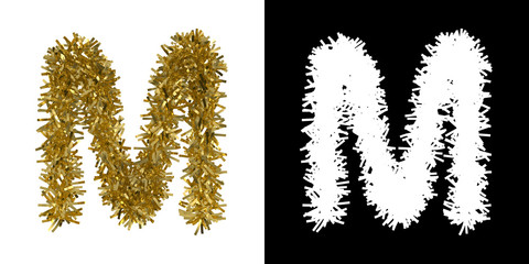 Letter M Christmas Tinsel with Alpha Mask Channel for Clipping - 3D Illustration