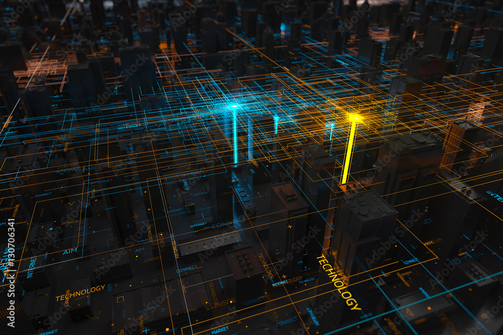Poster abstract 3d city rendering with lines and digital elements. digital skyscrappers. technology and con