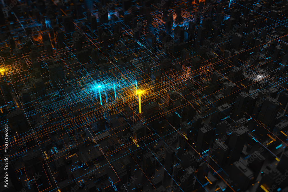 Poster abstract 3d city rendering with lines and digital elements. digital skyscrappers. technology and con