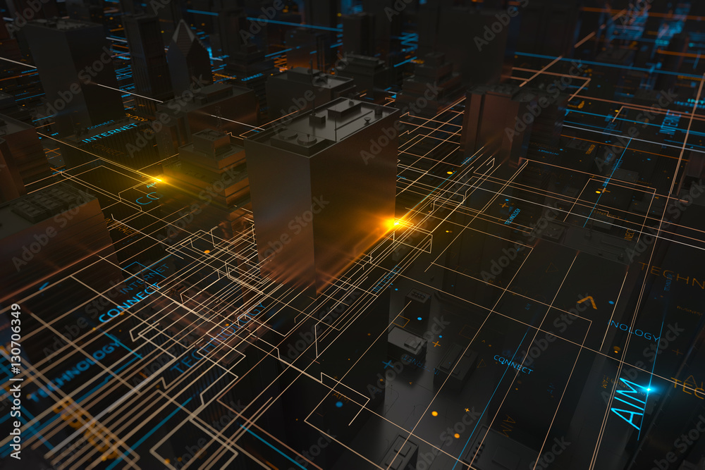 Poster abstract 3d city rendering with lines and digital elements. digital skyscrappers. technology and con