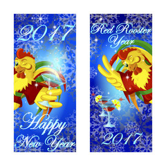 Two banners greeting the New Year.Winking rooster in red kimono holds a glass with a cocktail and showing victory sign. The symbol of the Red Rooster on the Chinese calendar.