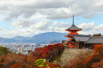 Landscape and cityscape of famous temple in Autumn season, a major tourist attraction in Kansai region, Kiyomizu-dera Temple in Kyoto, Japan. Popular people and photographer.