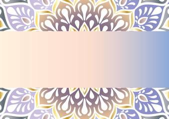 beautiful unusual background with iridescent peach, violet and gold colors. Circular floral ornament. Hand drawn vector stock illustration