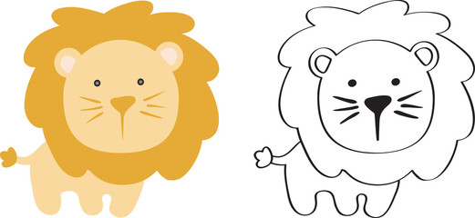 drawing of a cartoon cute toy lion - in color and line art