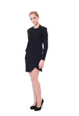 Fototapeta premium Pełnej długości portret atrakcyjnej kobiety zawodowych na sobie czarną sukienkę i obcasy, na białym tle na białym tle.