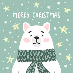 Cute polar bear with stars and Merry Christmas lettering. Vector illustration for winter holidays.