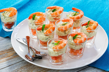 Cocktail Shrimp Shooters with mayonnaise sauce decorated with pa