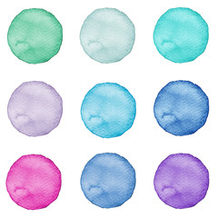 Set of watercolor circles pastel colors. Illustration for artistic design. Round stains, spots isolated on white.