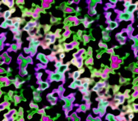 Abstract seamless background of green, red and pink with black and white, blue tones. Bright lines, spots, dots, ribbon and blots, circles, rough and blurred, with a clear outline.