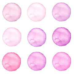 Watercolor circles collection pink colors. Stains set isolated on white background. Design elements