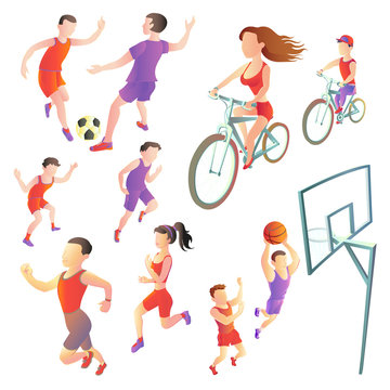set of people involved in different kinds sports - football, running, cycling, basketball. athletes vector images on a white background