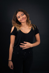 Beautiful woman doing different expressions in different sets of clothes: hungry