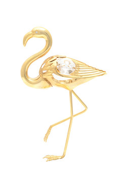 Gold Brooch Flamingo Isolated On White