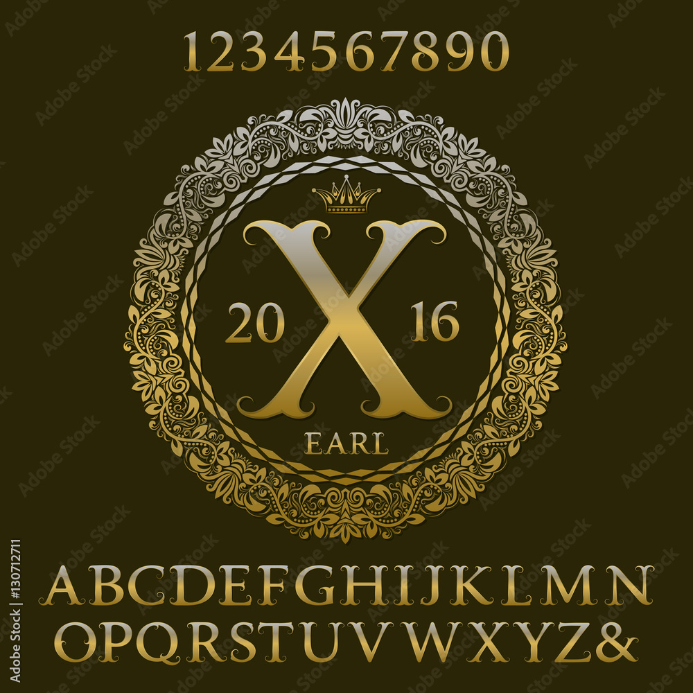 Poster golden letters and numbers with initial monogram. royal font and elements kit for logo design.
