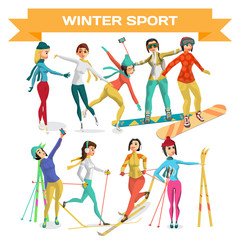 Set girl winter sport. Cartoon women training. Flat vector illus
