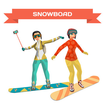 Set girl snowboarding. Cartoon snowboard women training. Winter