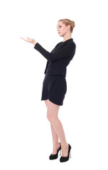 full length portrait of young woman wearing black professional office outfit. standing pose, isolated against white background.