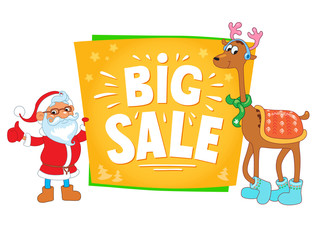 christmas sale design. santa claus and deer with banner isolated