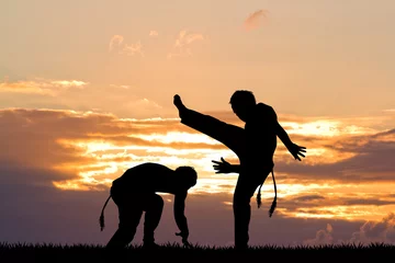 Papier Peint photo Lavable Arts martiaux danse capoeira au coucher du soleil