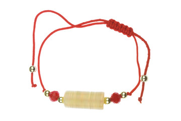 Red textile bracelet with semiprecious stones of various colors, isolated on white background