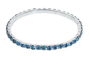 Silver bracelet with blue precious stones and gems, isolated on white background