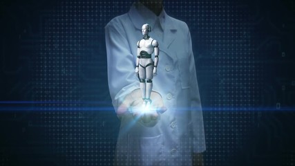 Female doctor open palm, Rotating 3D robot cyborg body. Artificial intelligence.robot technology. - Powered by Adobe
