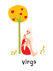 Virgo woman horoscope sign as a girl sittin under the apple tree. Vector illustration.
