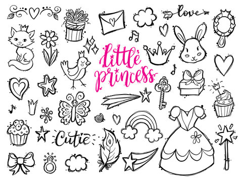 Little princess funny graphic set. Girls dress, flowers, clouds and rainbow, bird, butterfly, mirrow, sweets, gifts, diamond ring, hearts and stars. Isolated elements on a white background.