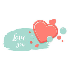 Two red hearts with blue watercolor style stroke and drops. Valentines Day Greeting Banner isolated on white background. Romantic Lovely Frame card design template for Mothers Day.