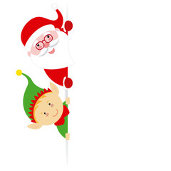 Santa claus and elf with poster